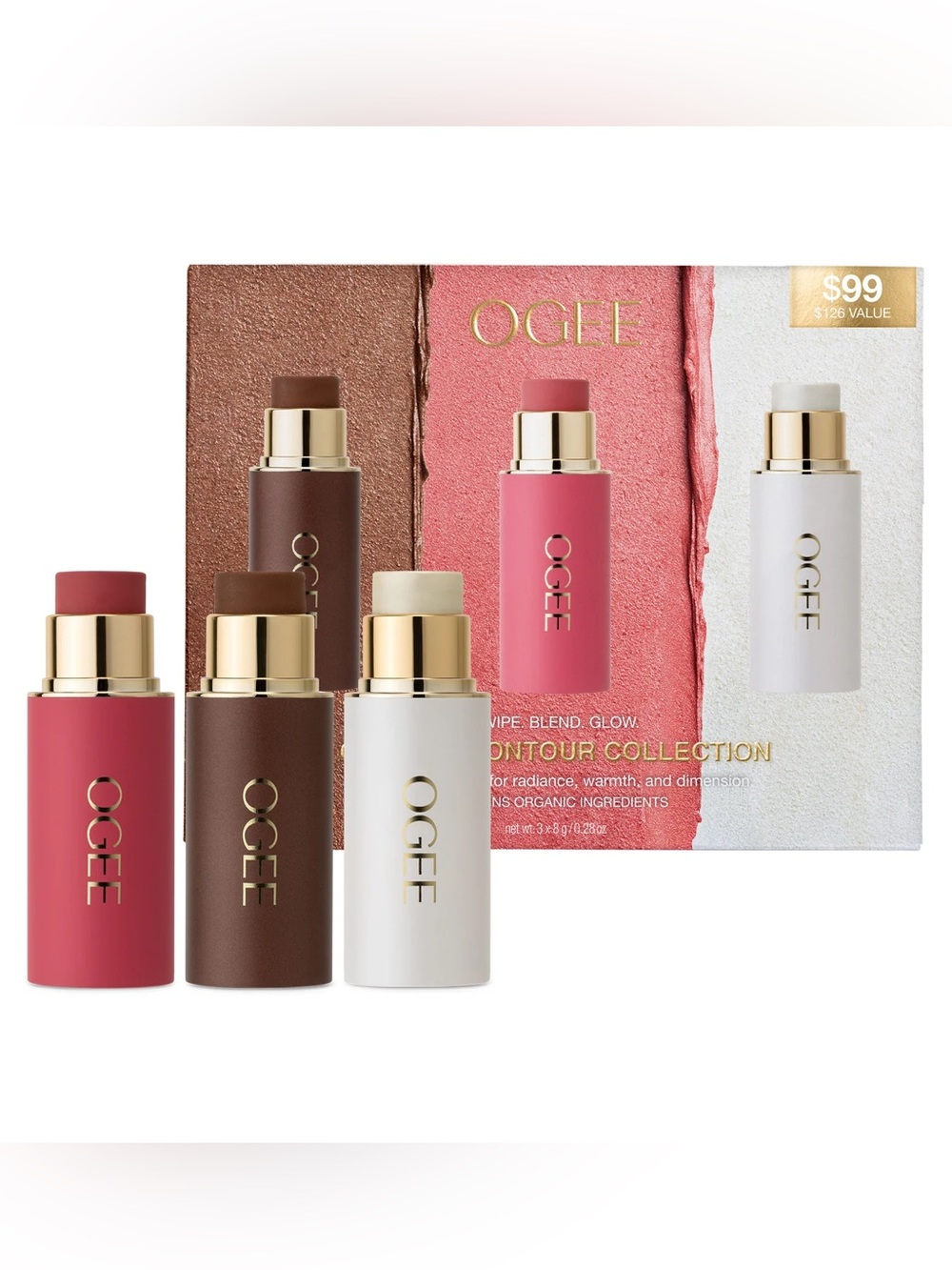 Ogee Crystal Contour Collection: Bronzer, Blush, & Highlighter Face Sticks